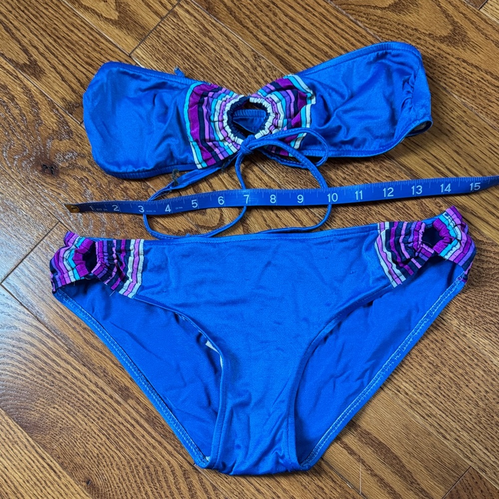 Vintage 80s Blue Bandeau Bikini Set with Multicolor Stripe Accents - Women Swim